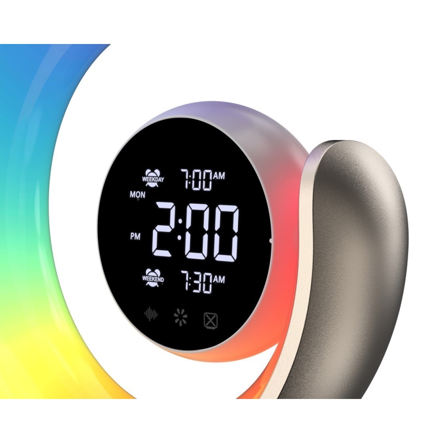 LED RGBW Ρυθμιζόμενο επιτραπέζιο φωτιστικό με ξυπνητήρι PEACOCK LED/20W/5V USB