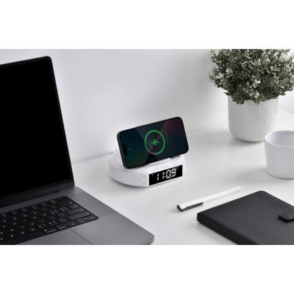 Ρολόι ξυπνητήρι με οθόνη LCD και  ασύρματο φορτιστή Qiς 27W/9V 220 mAh λευκό