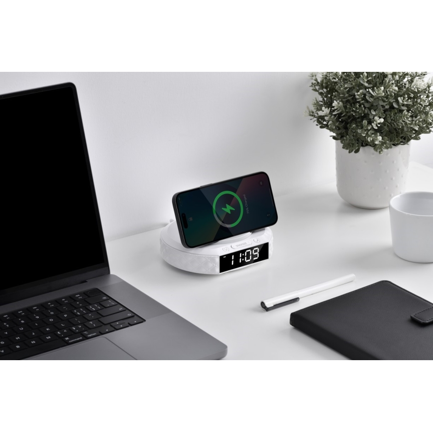 Ρολόι ξυπνητήρι με οθόνη LCD και  ασύρματο φορτιστή Qiς 27W/9V 220 mAh λευκό
