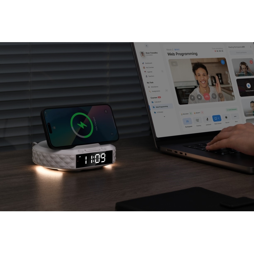 Ρολόι ξυπνητήρι με οθόνη LCD και  ασύρματο φορτιστή Qiς 27W/9V 220 mAh λευκό