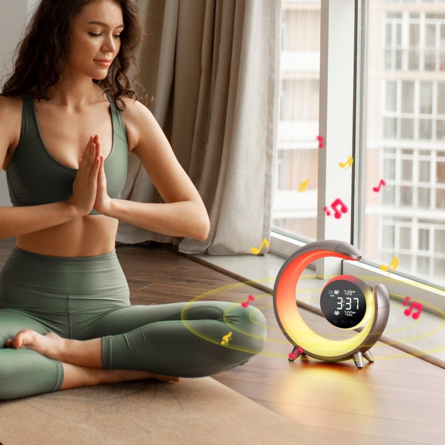 LED RGBW Ρυθμιζόμενο επιτραπέζιο φωτιστικό με ξυπνητήρι LED/20W/5V USB ασημί