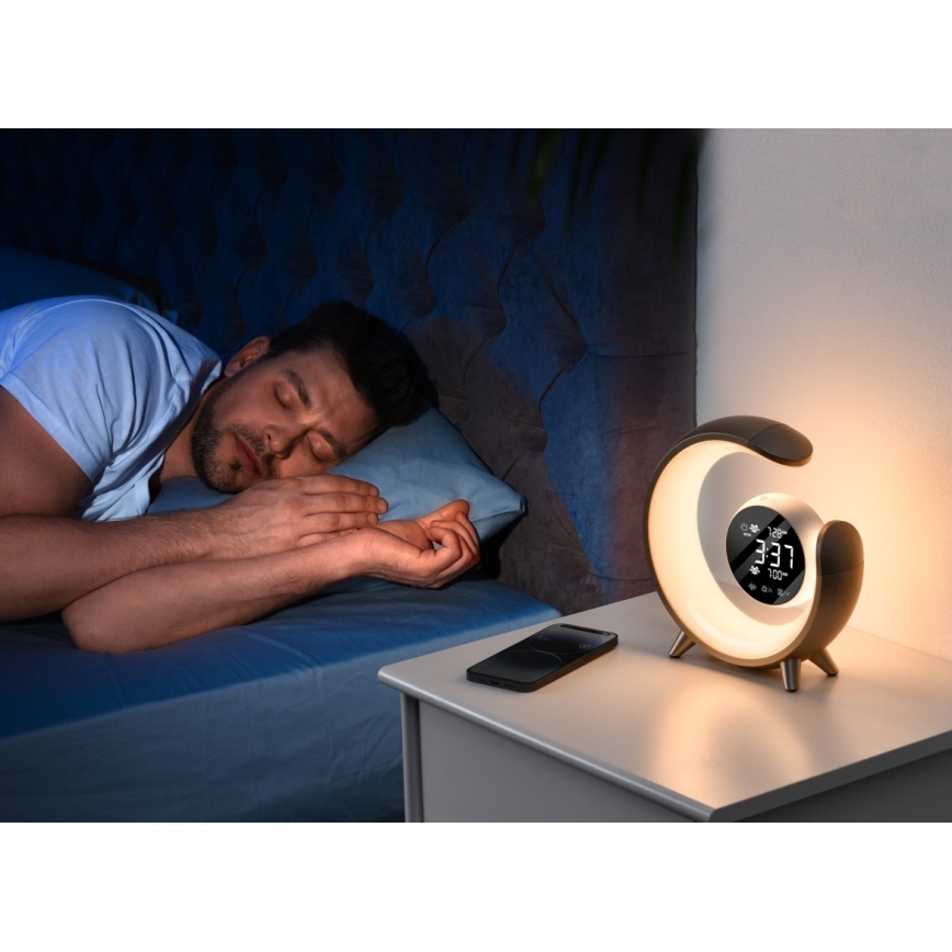 LED RGBW Ρυθμιζόμενο επιτραπέζιο φωτιστικό με ξυπνητήρι LED/20W/5V USB ασημί