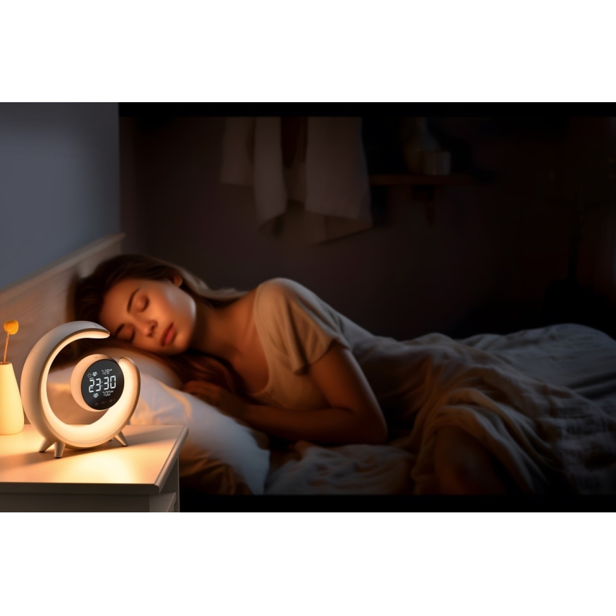 LED RGBW Ρυθμιζόμενο επιτραπέζιο φωτιστικό με ξυπνητήρι LED/20W/5V USB ασημί