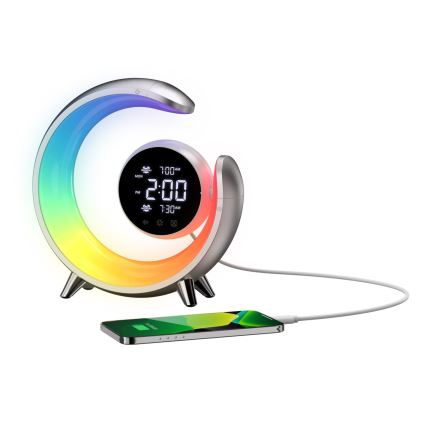 LED RGBW Ρυθμιζόμενο επιτραπέζιο φωτιστικό με ξυπνητήρι LED/20W/5V USB ασημί