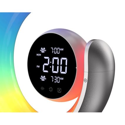 LED RGBW Ρυθμιζόμενο επιτραπέζιο φωτιστικό με ξυπνητήρι LED/20W/5V USB ασημί