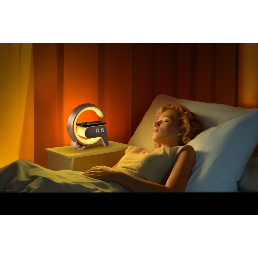 LED RGB Dimmable επιτραπέζιο φωτιστικό με ξυπνητήρι και φόρτιση Qi 30W/230V χρυσό