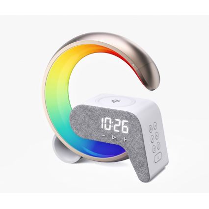 LED RGB Dimmable επιτραπέζιο φωτιστικό με ξυπνητήρι και φόρτιση Qi 30W/230V χρυσό