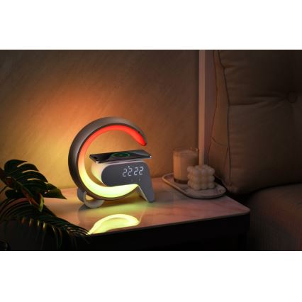 LED RGB Dimmable επιτραπέζιο φωτιστικό με ξυπνητήρι και φόρτιση Qi 30W/230V ασημί