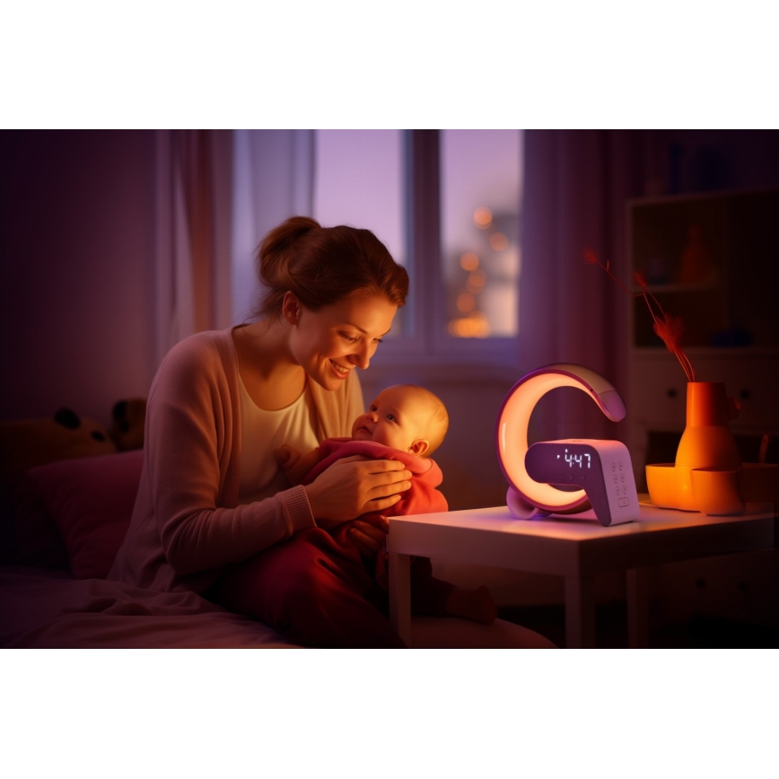 LED RGB Dimmable επιτραπέζιο φωτιστικό με ξυπνητήρι και φόρτιση Qi 30W/230V ασημί