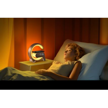 LED RGB Dimmable επιτραπέζιο φωτιστικό με ξυπνητήρι και φόρτιση Qi 30W/230V ασημί