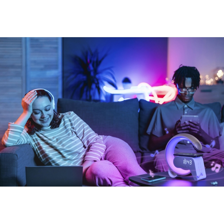 LED RGB Dimmable επιτραπέζιο φωτιστικό με ξυπνητήρι και φόρτιση Qi 30W/230V ασημί