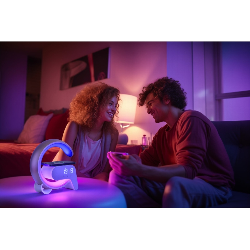 LED RGB Dimmable επιτραπέζιο φωτιστικό με ξυπνητήρι και φόρτιση Qi 30W/230V ασημί
