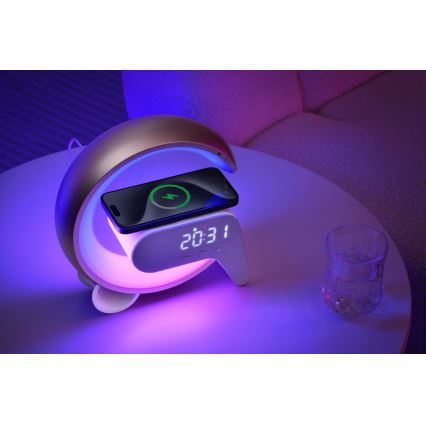 LED RGB Dimmable επιτραπέζιο φωτιστικό με ξυπνητήρι και φόρτιση Qi 30W/230V ασημί
