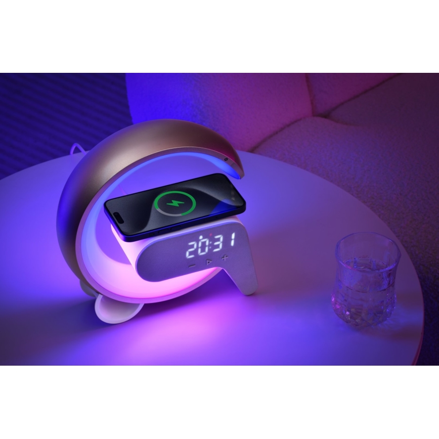 LED RGB Dimmable επιτραπέζιο φωτιστικό με ξυπνητήρι και φόρτιση Qi 30W/230V ασημί