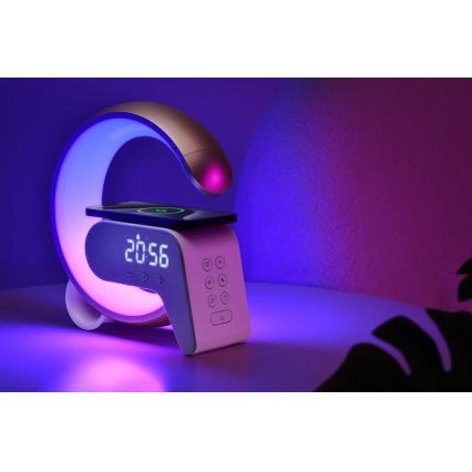 LED RGB Dimmable επιτραπέζιο φωτιστικό με ξυπνητήρι και φόρτιση Qi 30W/230V ασημί