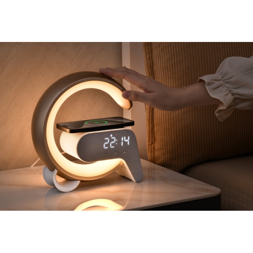 LED RGB Dimmable επιτραπέζιο φωτιστικό με ξυπνητήρι και φόρτιση Qi 30W/230V ασημί
