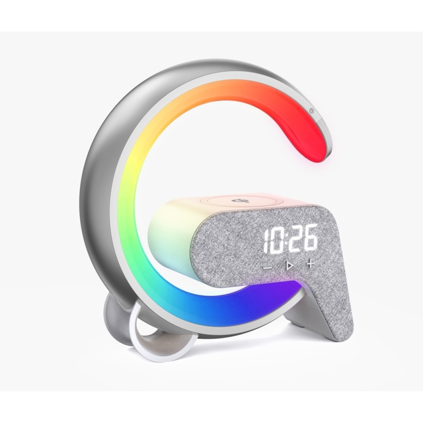 LED RGB Dimmable επιτραπέζιο φωτιστικό με ξυπνητήρι και φόρτιση Qi 30W/230V ασημί