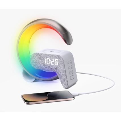 LED RGB Dimmable επιτραπέζιο φωτιστικό με ξυπνητήρι και φόρτιση Qi 30W/230V ασημί