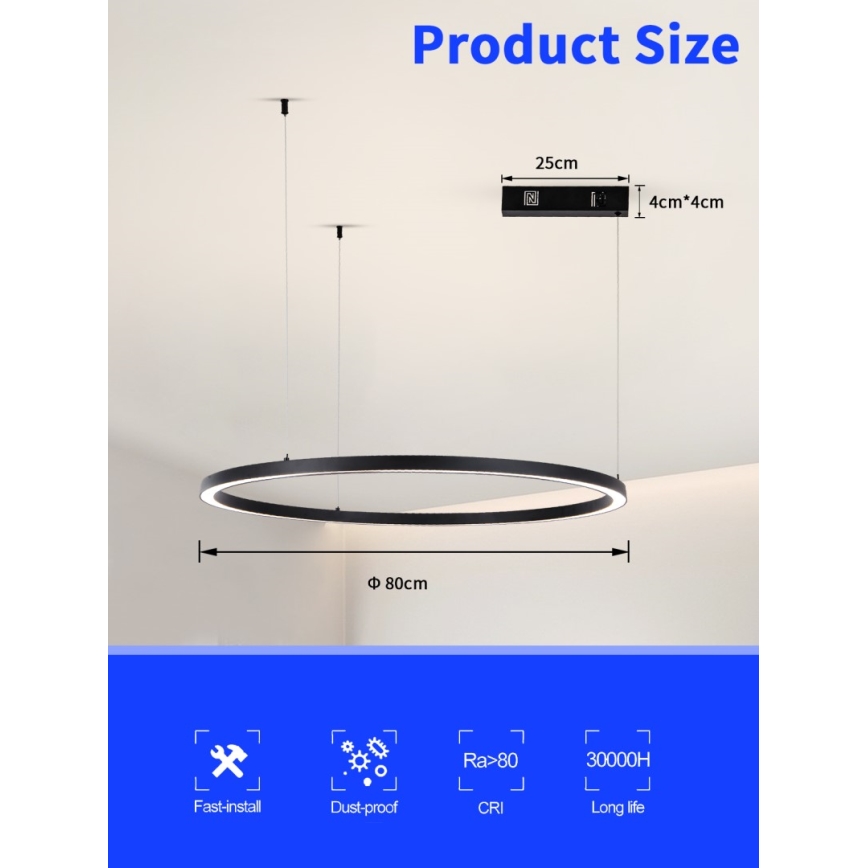 Immax NEO 07215L - Led Dimmable κρεμαστό φωτιστικό οροφής FINO LED/60W/230V 80 cm μαύρο Tuya + τηλεχειριστήριο