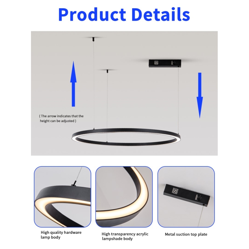 Immax NEO 07215L - Led Dimmable κρεμαστό φωτιστικό οροφής FINO LED/60W/230V 80 cm μαύρο Tuya + τηλεχειριστήριο