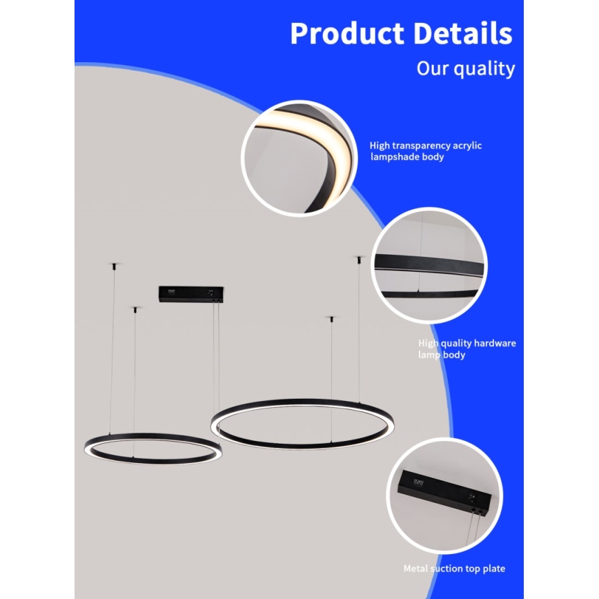 Immax NEO 07216L - Led Dimmable κρεμαστό φωτιστικό οροφής FINO LED/93W/230V 60/80cm μαύρο Tuya + τηλεχειριστήριο
