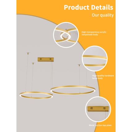 Immax NEO 07218L - Ρυθμιζόμενο LED φωτιστικό οροφής με καλώδιο FINO LED/93W/230V 60/80cm χρυσό Tuya + τηλεχειριστήριο