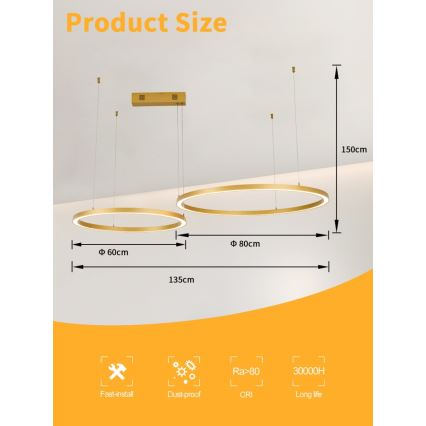 Immax NEO 07218L - Ρυθμιζόμενο LED φωτιστικό οροφής με καλώδιο FINO LED/93W/230V 60/80cm χρυσό Tuya + τηλεχειριστήριο