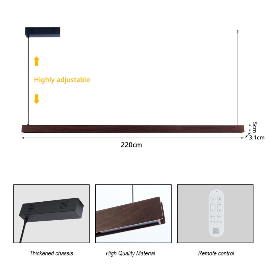 Immax NEO 07302L - Ρυθμιζόμενο κρεμαστό φωτιστικό LED σε καλώδιο MADEIRA LED/44W/230V Wi-Fi Tuya, 202 cm, απόχρωση καρυδιάς + τηλεχειριστήριο