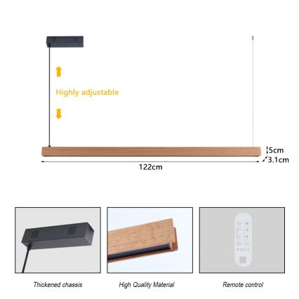 Immax NEO 07303L - Ρυθμιζόμενο κρεμαστό φωτιστικό LED σε καλώδιο MADEIRA LED/26W/230V Wi-Fi Tuya 122 cm σε απόχρωση δρυός + τηλεχειριστήριο