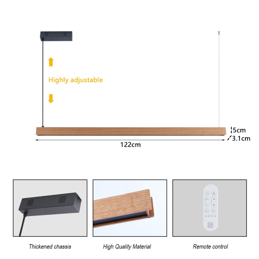 Immax NEO 07303L - Ρυθμιζόμενο κρεμαστό φωτιστικό LED σε καλώδιο MADEIRA LED/26W/230V Wi-Fi Tuya 122 cm σε απόχρωση δρυός + τηλεχειριστήριο
