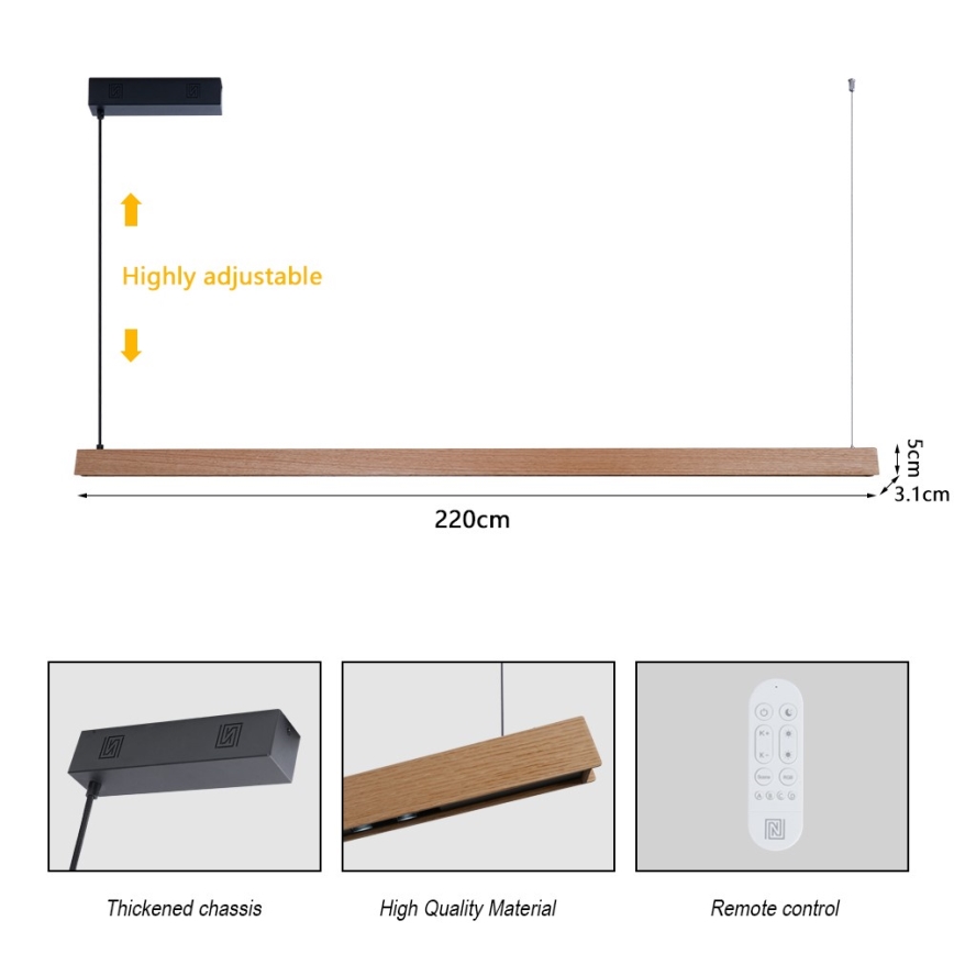 Immax NEO 07305L - LED Ρυθμιζόμενο κρεμαστό φωτιστικό σε καλώδιο MADEIRA LED/44W/230V Wi‑Fi Tuya 202 cm σε απόχρωση δρυός + τηλεχειριστήριο