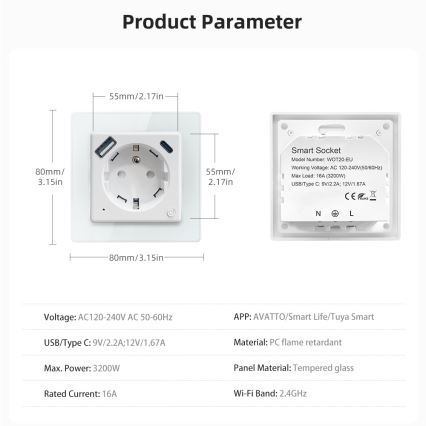 Immax NEO 07544L - Έξυπνη πρίζα τύπου E 16A/230V με 1x USB-A + 1x USB-C (PD 20W) Tuya Wi-Fi