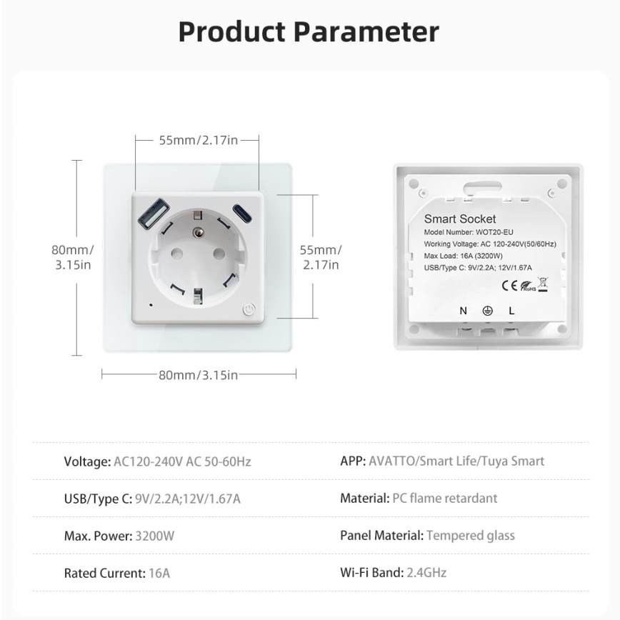 Immax NEO 07544L - Έξυπνη πρίζα τύπου E 16A/230V με 1x USB-A + 1x USB-C (PD 20W) Tuya Wi-Fi