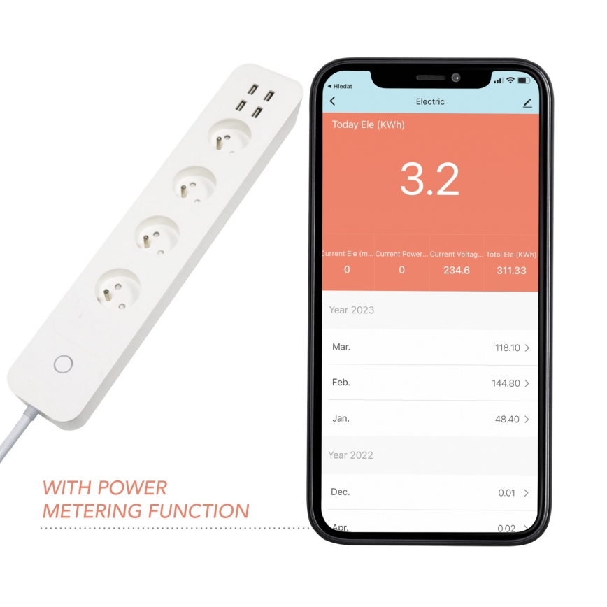 Immax NEO 07707L - Καλώδιο επέκτασης NEO LITE Smart 4AC + 4USB Wi-Fi Tuya 1,5μ