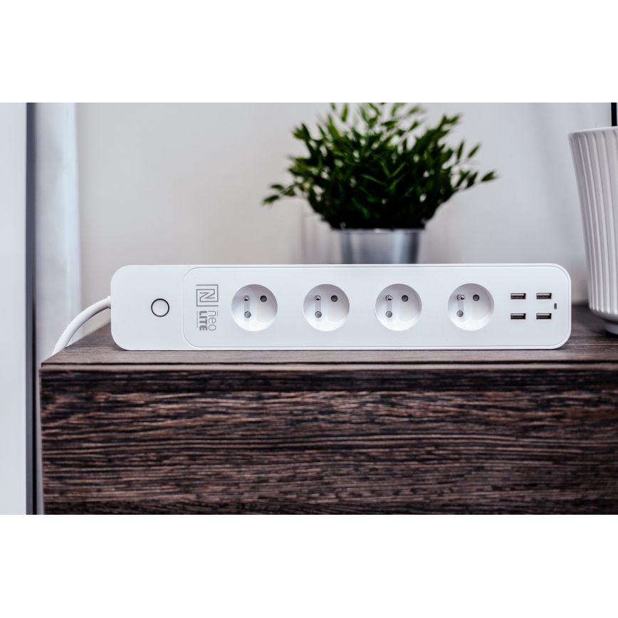 Immax NEO 07707L - Καλώδιο επέκτασης NEO LITE Smart 4AC + 4USB Wi-Fi Tuya 1,5μ