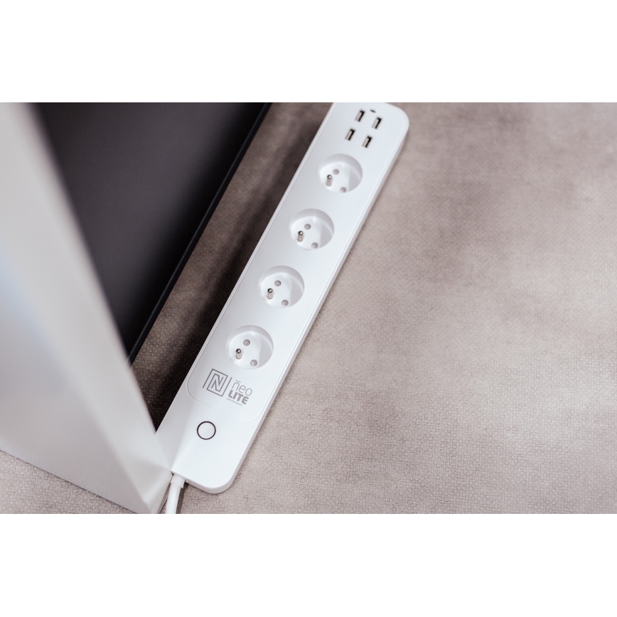 Immax NEO 07707L - Καλώδιο επέκτασης NEO LITE Smart 4AC + 4USB Wi-Fi Tuya 1,5μ