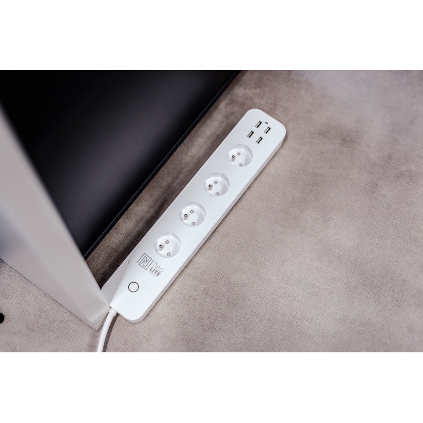 Immax NEO 07707L - Καλώδιο επέκτασης NEO LITE Smart 4AC + 4USB Wi-Fi Tuya 1,5μ