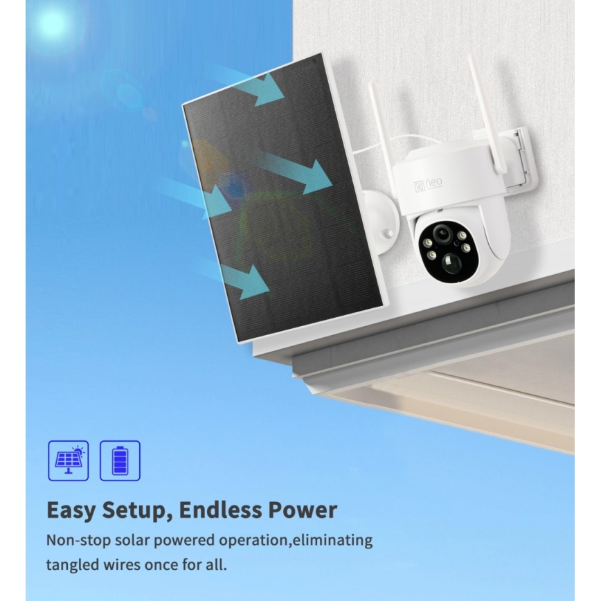 Immax NEO 07804L - Έξυπνη υπαίθρια ηλιακή κάμερα με αισθητήρα, μπαταρία 9000 mAh, προστασία IP65