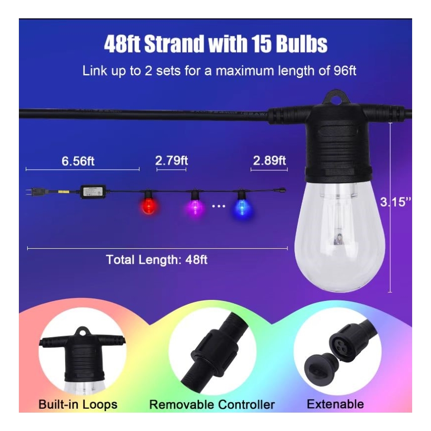 LED RGB+CCT Λαμπάκια ντιμαριζόμενα Εξωτερικού χώρου GARLAND 15xLED/1W/230V 15m Wi-Fi Tuya IP65 + τηλεχειριστήριο