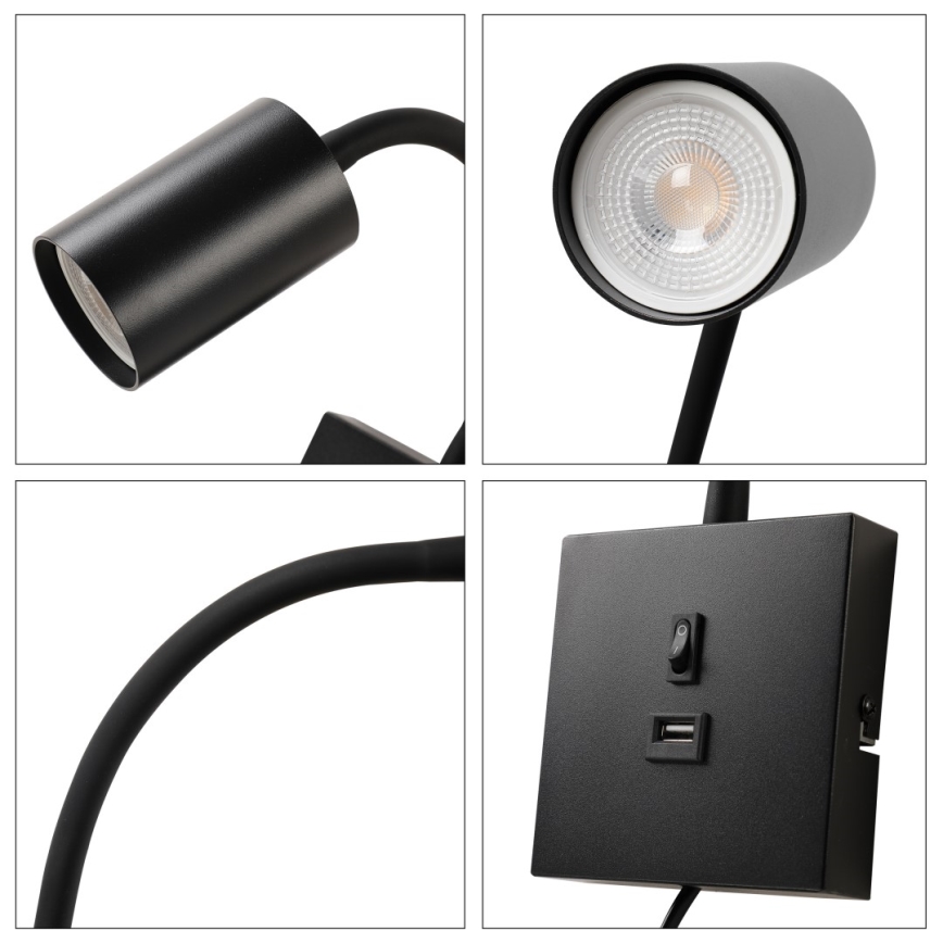 Immax NEO 08295L - Επιτοίχιο φωτιστικό με θύρα USB PUNTO 1xGU10/9W/230V μαύρο