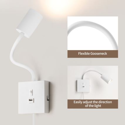 Immax NEO 08296L - Επιτοίχιο φωτιστικό PUNTO με θύρα USB 1xGU10/9W/230V λευκό
