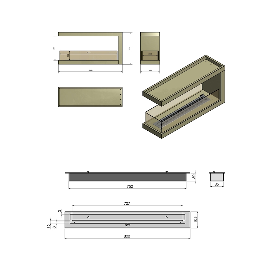 InFire - Γωνιακό τζάκι βιοαιθανόλης BIO 100x50 cm 3kW δύο όψεων