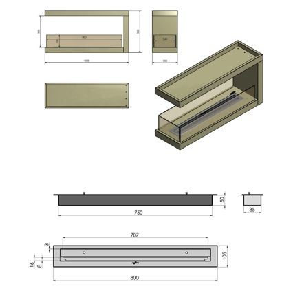 InFire - Γωνιακό τζάκι βιοαιθανόλης BIO 100x50 cm 3kW δύο όψεων