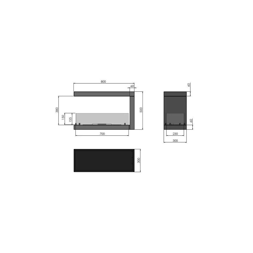InFire - Γωνιακό τζάκι Βιοαιθανόλης BIO 80x50 cm 3kW δυο όψεων
