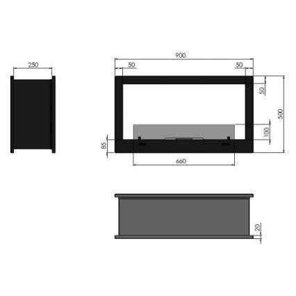 InFire - Εντοιχιζόμενο τζάκι βιoαιθανόλης BIO 90x50 cm3kW δυο όψεων