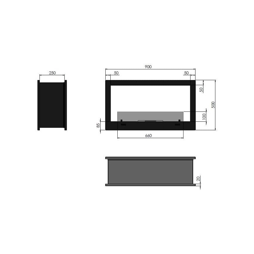 InFire - Εντοιχιζόμενο τζάκι βιoαιθανόλης BIO 90x50 cm3kW δυο όψεων