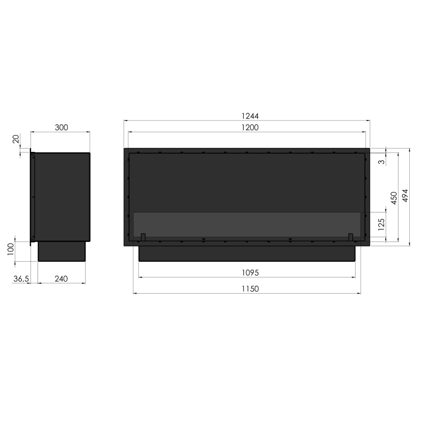 InFire - Χωνευτό Τζάκι BIO 49,4x124,4 cm 6kW μαύρο