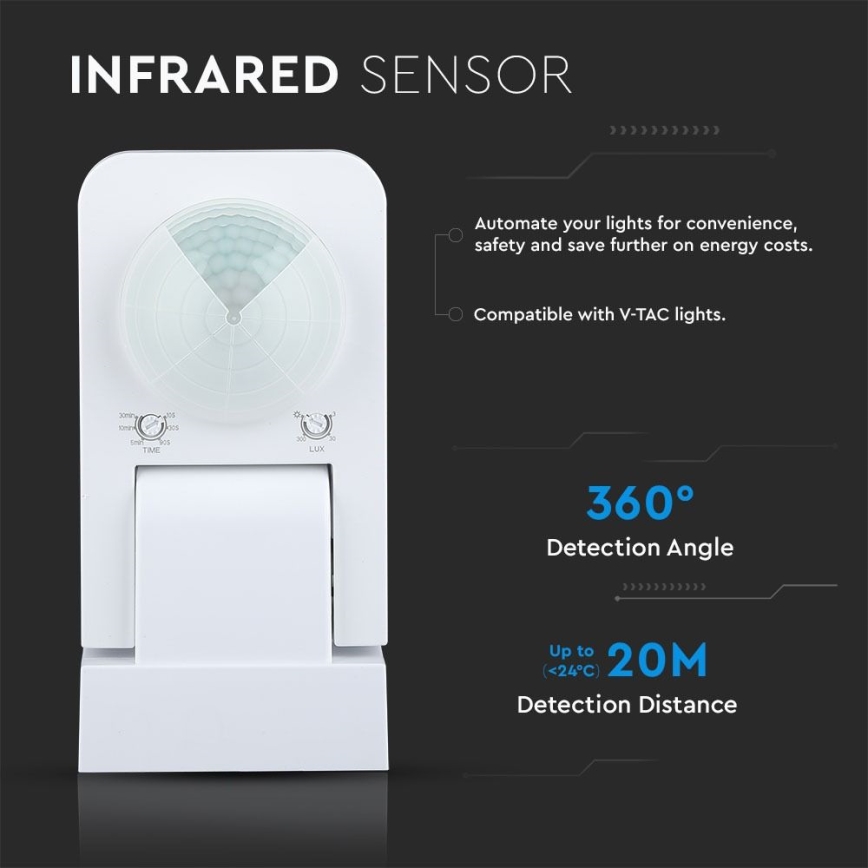 Infrared Εξωτερικού χώρου αισθητήρας κίνησης 360° 1000W/230V IP65 λευκό