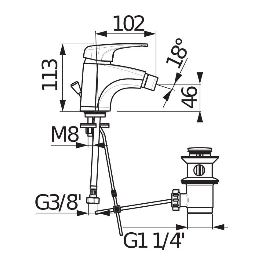 JIKA H3411U10041111 - Μπαταρία μπιντέ με αποχέτευση χωρίς υπερχείλιση DEEP 11,3 εκ. γυαλιστερό χρώμιο