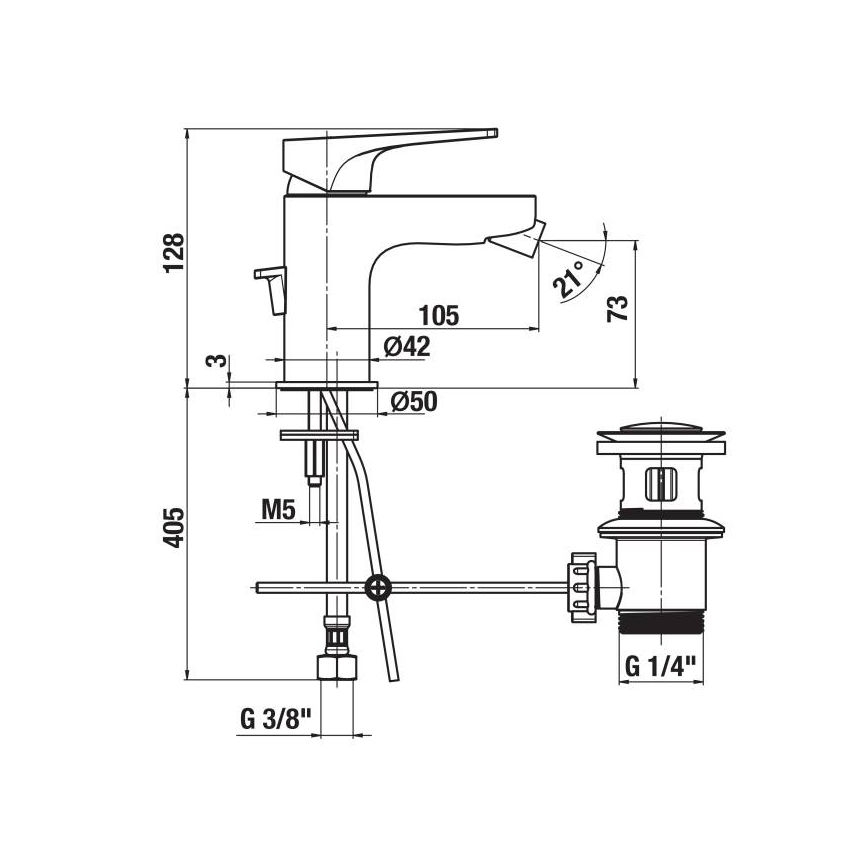 JIKA H3411X10041111 - Μπαταρία μπιντέ + βαλβίδα χωρίς υπερχείλιση CUBITO 12,8 cm γυαλιστερό χρώμιο